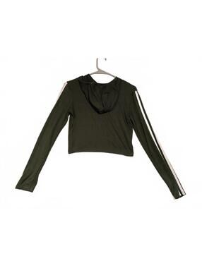 Feathers Cropped Long Sleeve Hoodie Green White Striped Medium Womens
